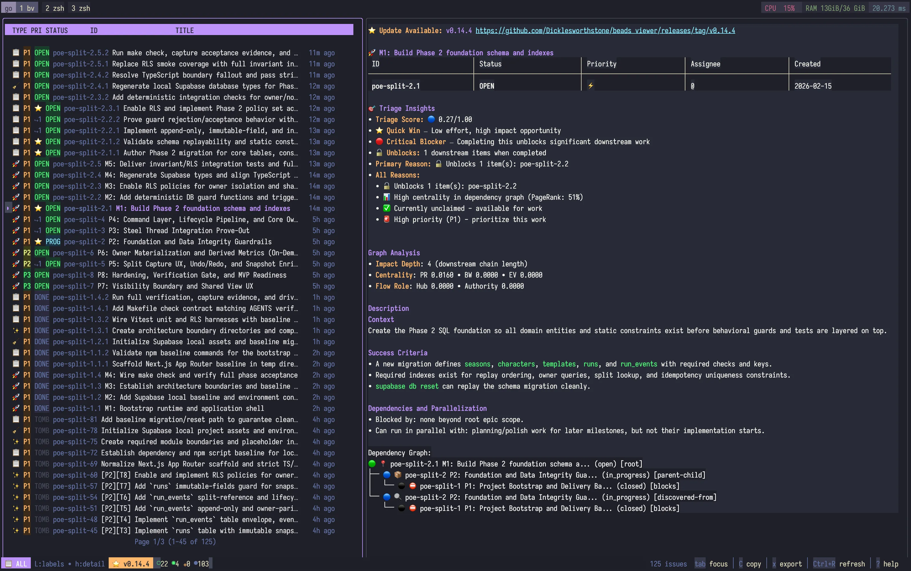 Beads issue list showing structured task execution state